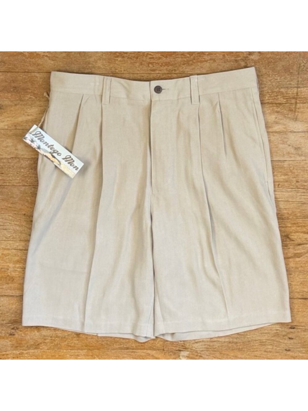 Montego Mon Mens Shorts Size 32 Waist Beige/Khaki Herringbone 100% Silk